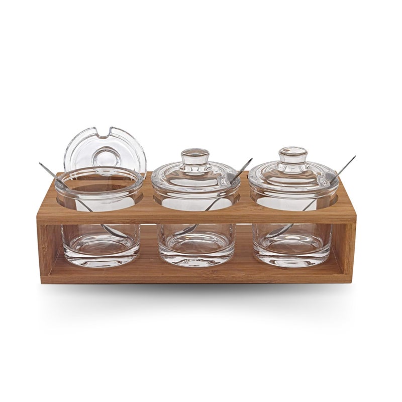 Badash Crystal Glass Jar Set - 10-Piece Glass Jars with Lids, Spoons, and Wood Stand for Jam, Honey, Spice, or Condiments - Ideal for Salad Dressing & Sauce - Image 1